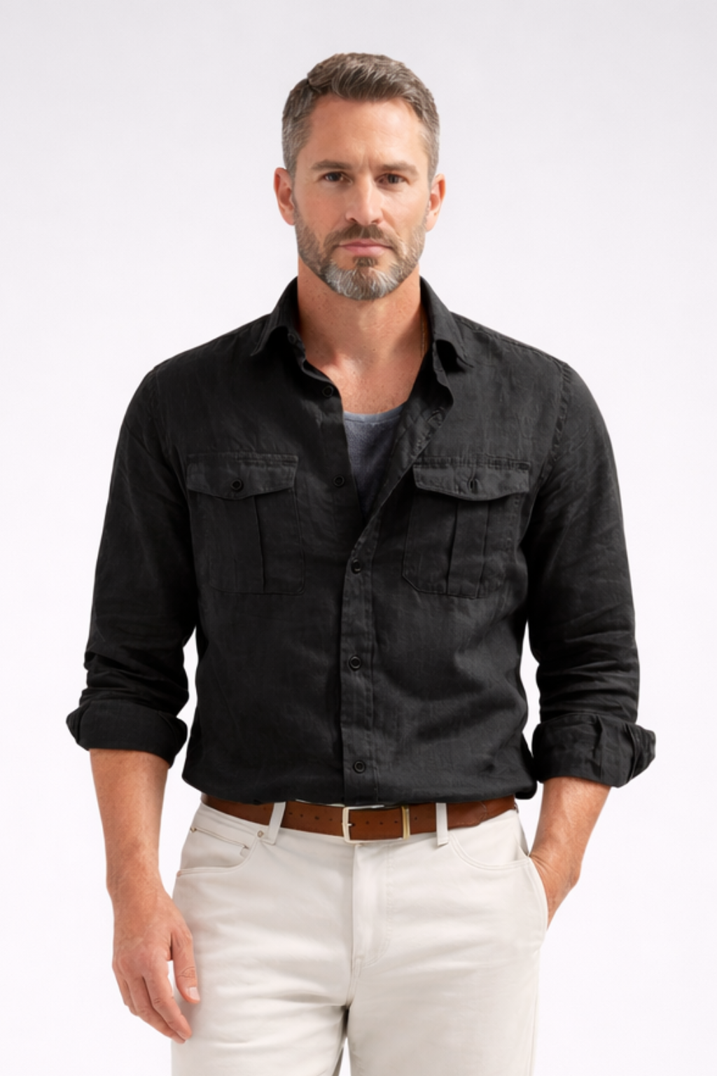 Paul - Chemise en Lin Homme Casual avec Deux Poches Poitrine et Manches Longues 0