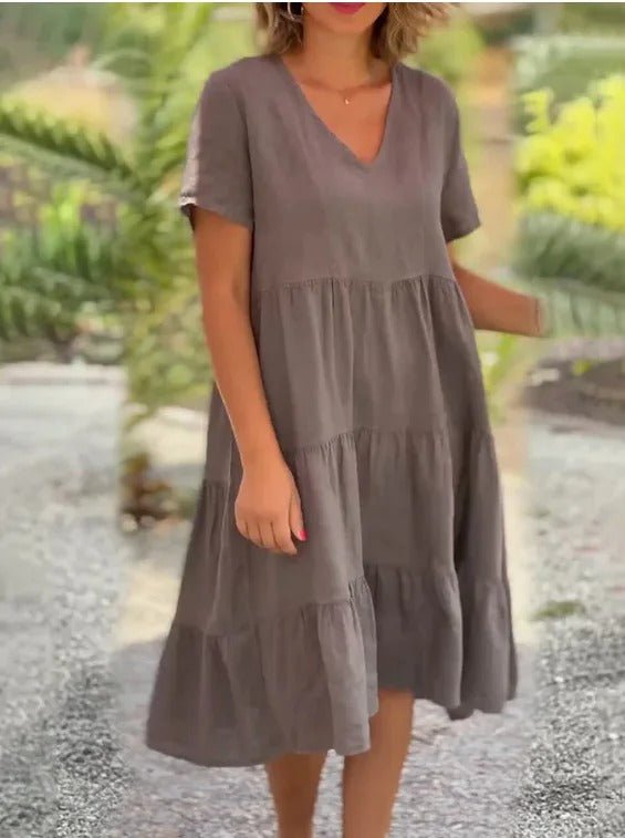 Paulina | Robe midi pour femme, jupe évasée et col en V 0