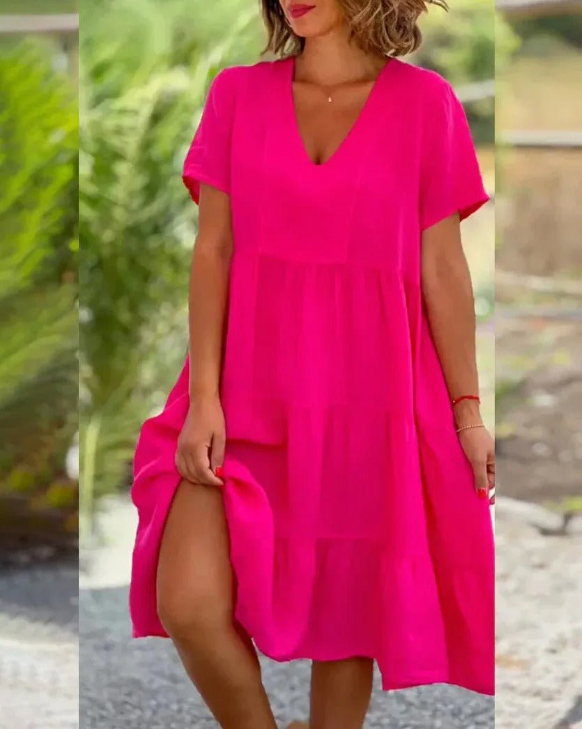 Paulina | Robe midi pour femme, jupe évasée et col en V 2