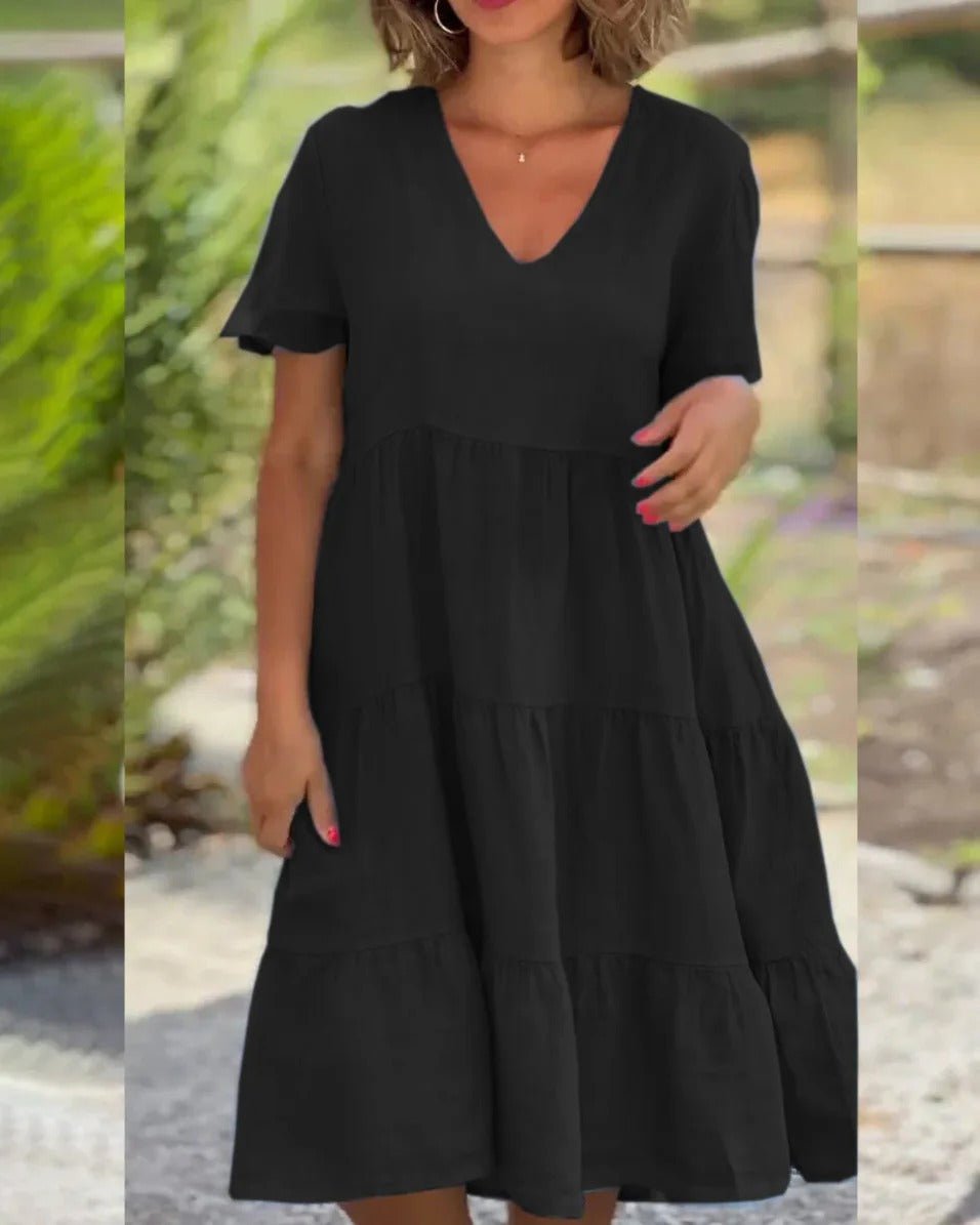 Paulina | Robe midi pour femme, jupe évasée et col en V 3