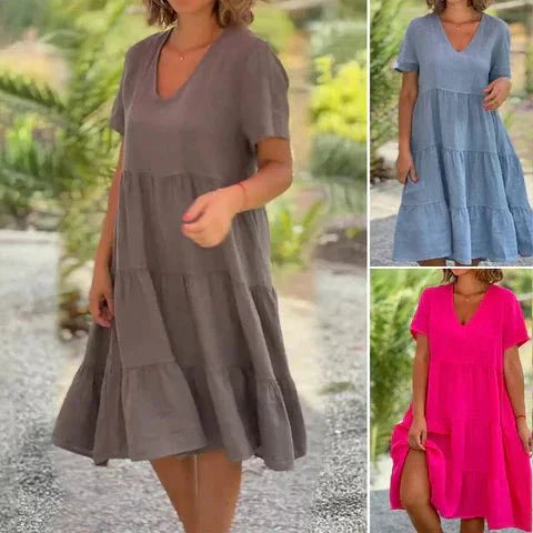 Paulina | Robe midi pour femme, jupe évasée et col en V 4