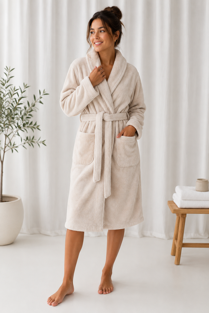 Peignoir Teddy beige pour femme – Peignoir de matin en polaire douce 0