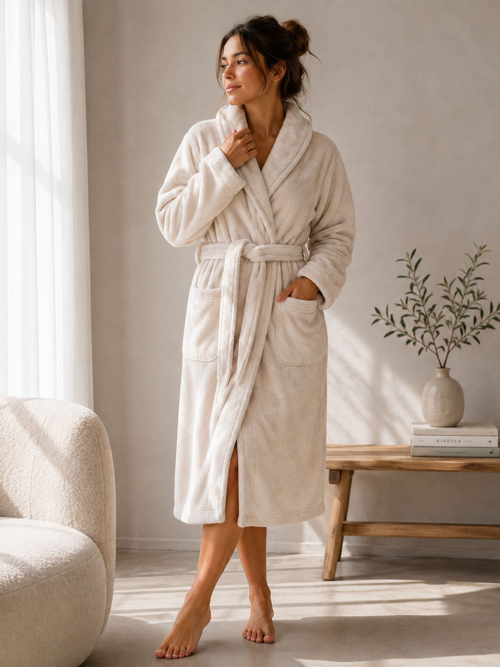 Peignoir Teddy beige pour femme – Peignoir de matin en polaire douce 1