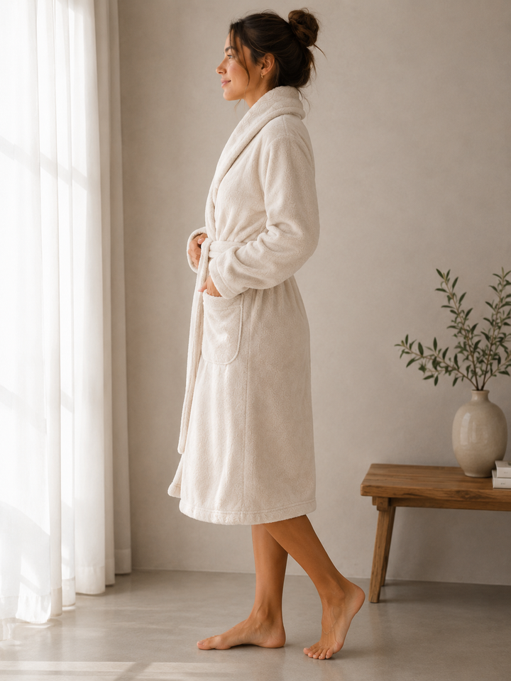 Peignoir Teddy beige pour femme – Peignoir de matin en polaire douce 2