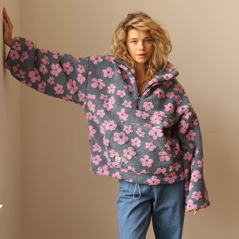 Pull Sherpa pour femme à imprimé floral – Polaire douce style bohème pour l'automne et l'hiver 1