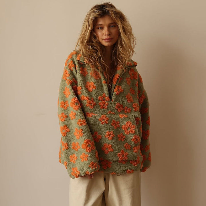 Pull Sherpa pour femme à imprimé floral – Polaire douce style bohème pour l'automne et l'hiver 2