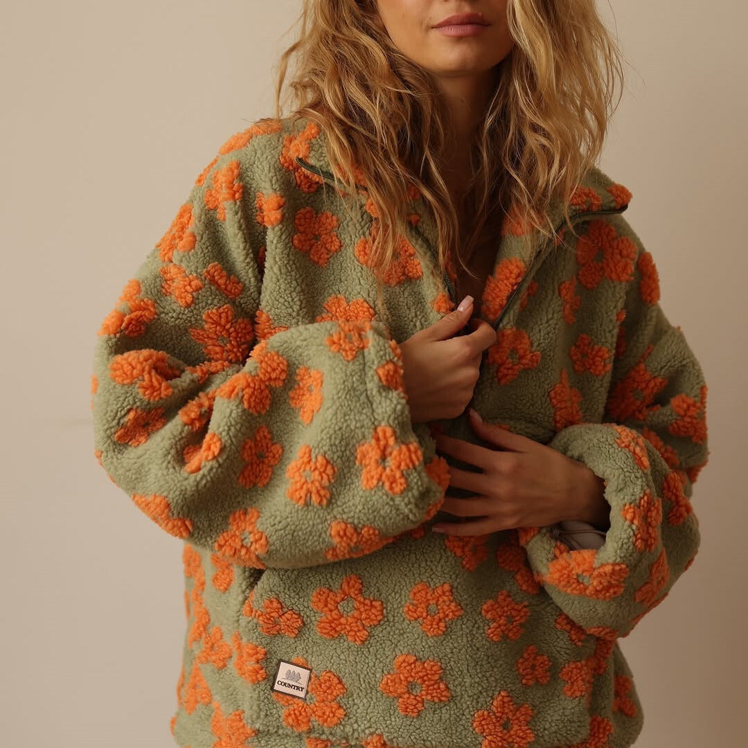 Pull Sherpa pour femme à imprimé floral – Polaire douce style bohème pour l'automne et l'hiver 3