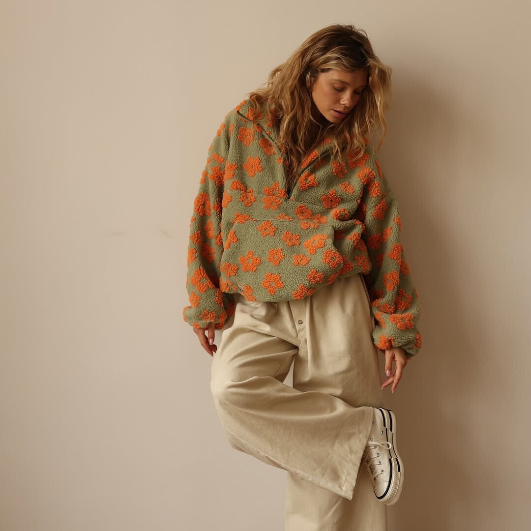 Pull Sherpa pour femme à imprimé floral – Polaire douce style bohème pour l'automne et l'hiver 5