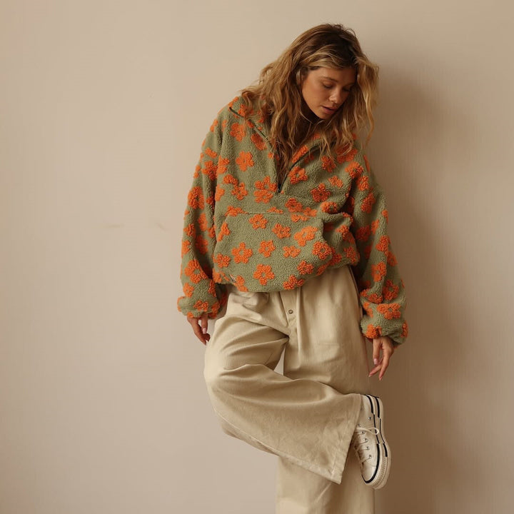 Pull Sherpa pour femme à imprimé floral – Polaire douce style bohème pour l'automne et l'hiver 5