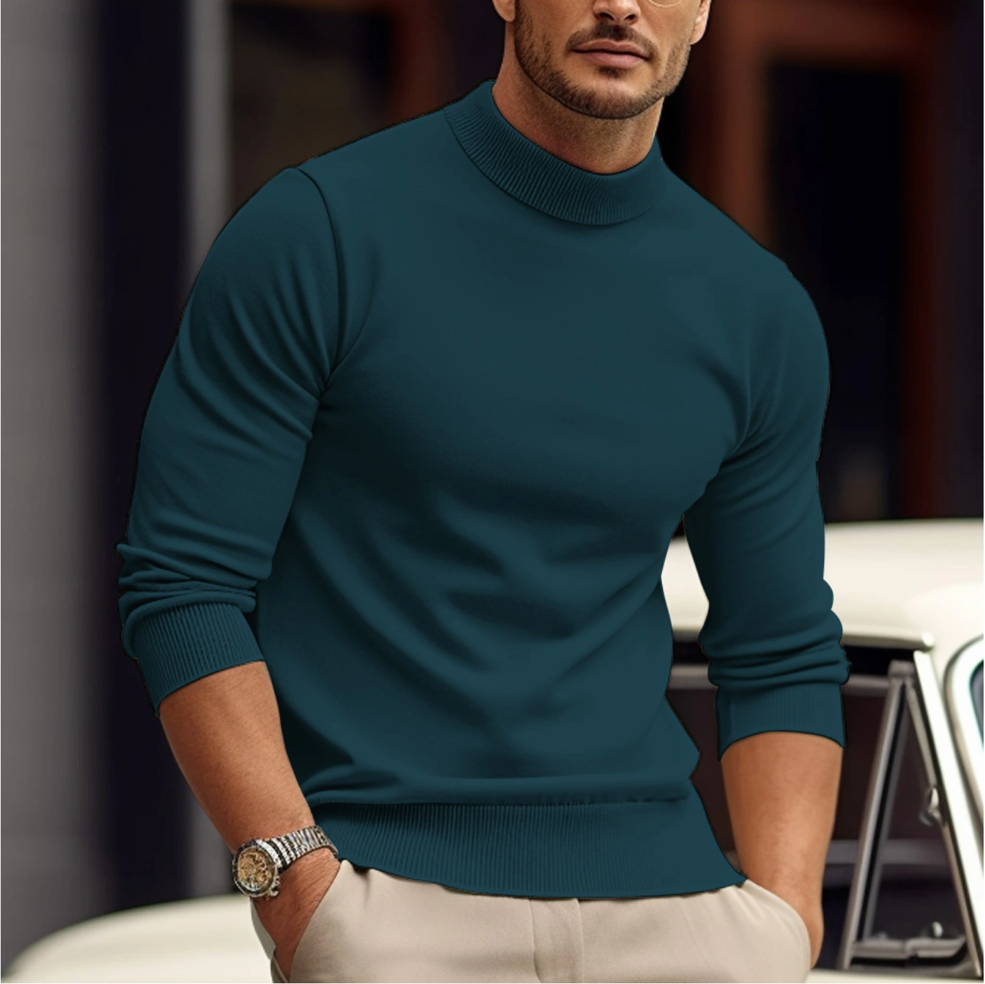 Pull homme col roulé manches longues coupe ajustée