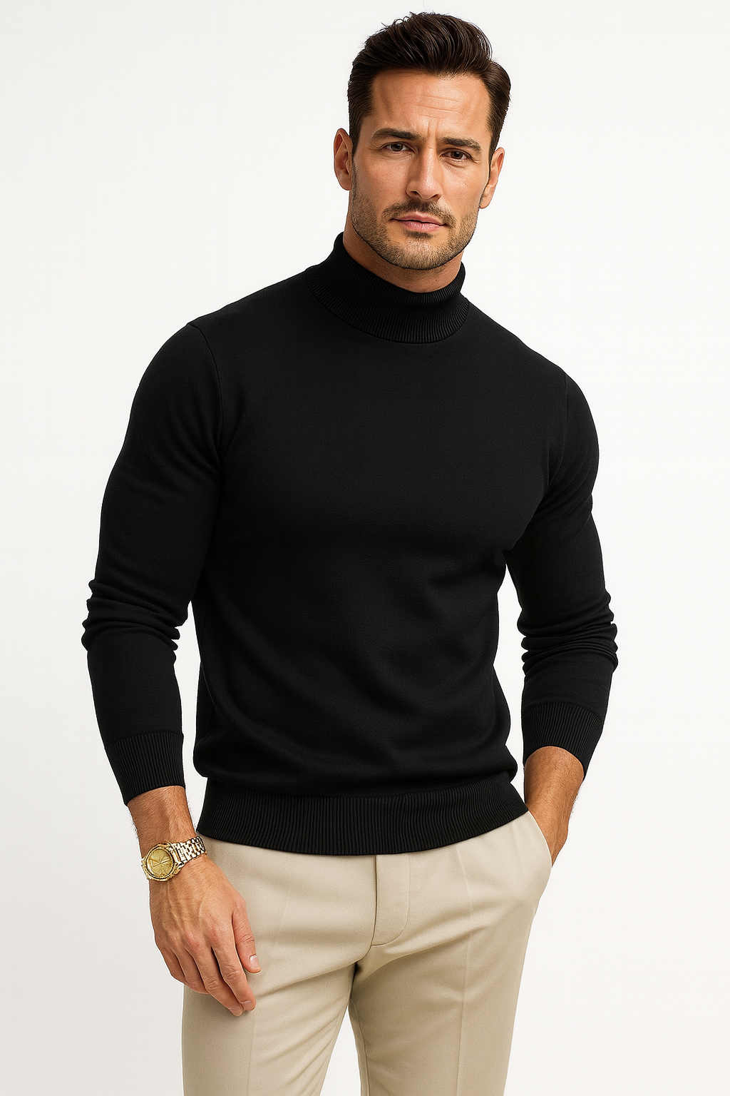 Pull homme col roulé manches longues coupe ajustée