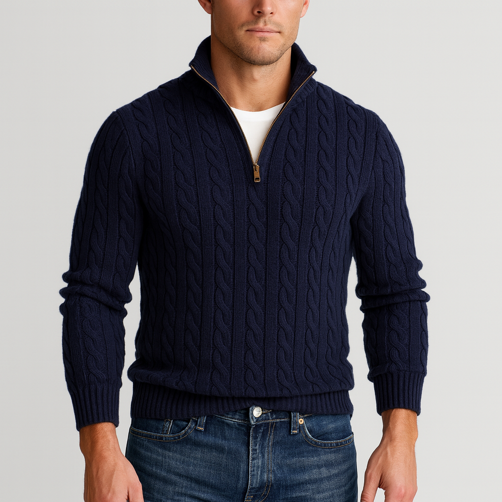 Pull pour homme avec demi-zip col montant et poignets côtelés