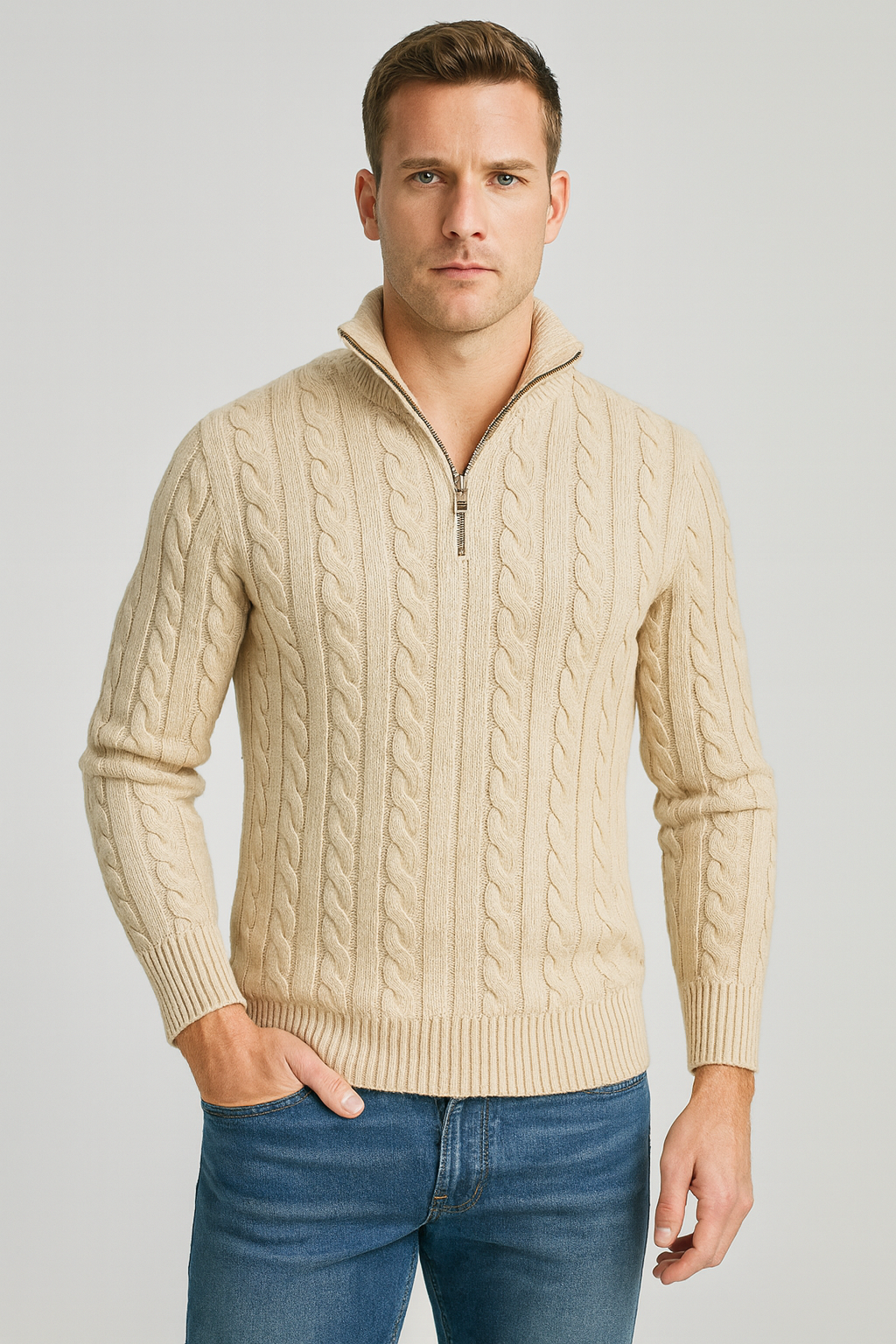 Pull pour homme avec demi-zip col montant et poignets côtelés