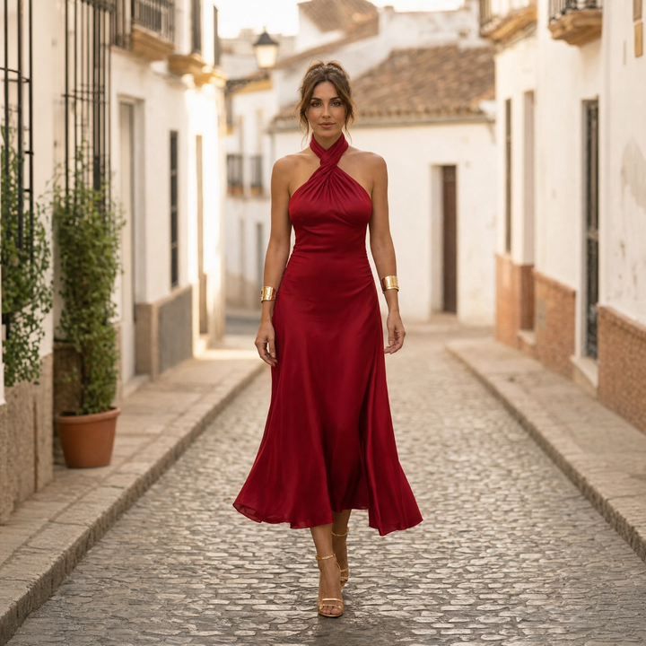 Robe Midi Satinée Femme Élégante à Col Halter 2
