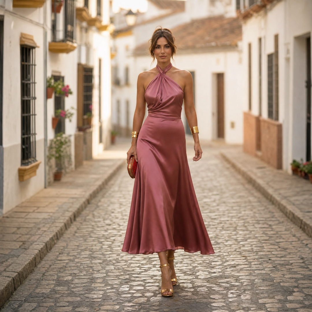 Robe Midi Satinée Femme Élégante à Col Halter 7