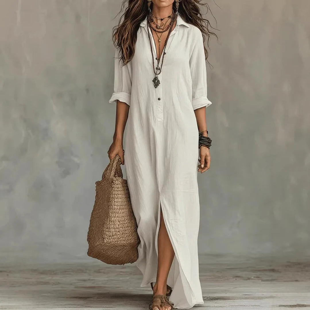 Robe bohème en lin Anouk pour femme, col chemise et fente latérale 0
