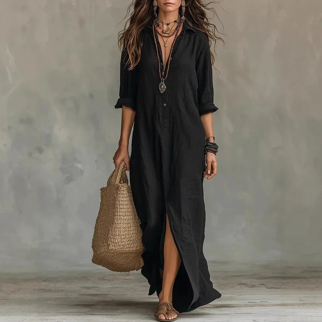 Robe bohème en lin Anouk pour femme, col chemise et fente latérale 1