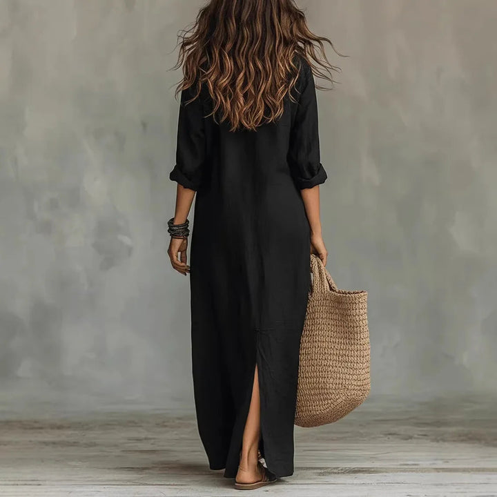 Robe bohème en lin Anouk pour femme, col chemise et fente latérale 2