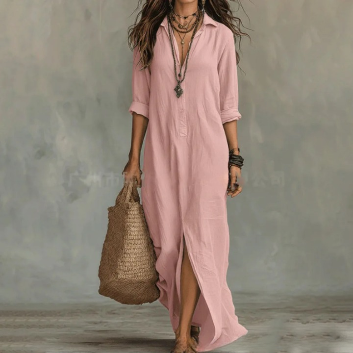 Robe bohème en lin Anouk pour femme, col chemise et fente latérale 3