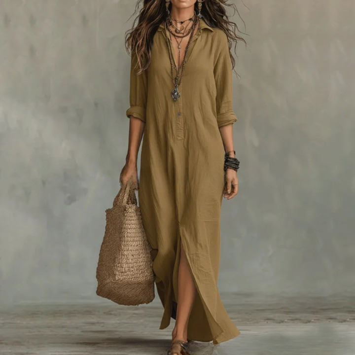 Robe bohème en lin Anouk pour femme, col chemise et fente latérale 4