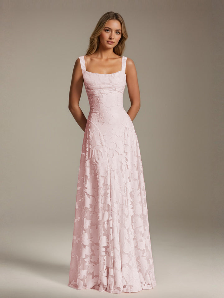 Robe de demoiselle d'honneur en dentelle florale – Robe de soirée longue sans manches, coupe trapèze, encolure carrée 0