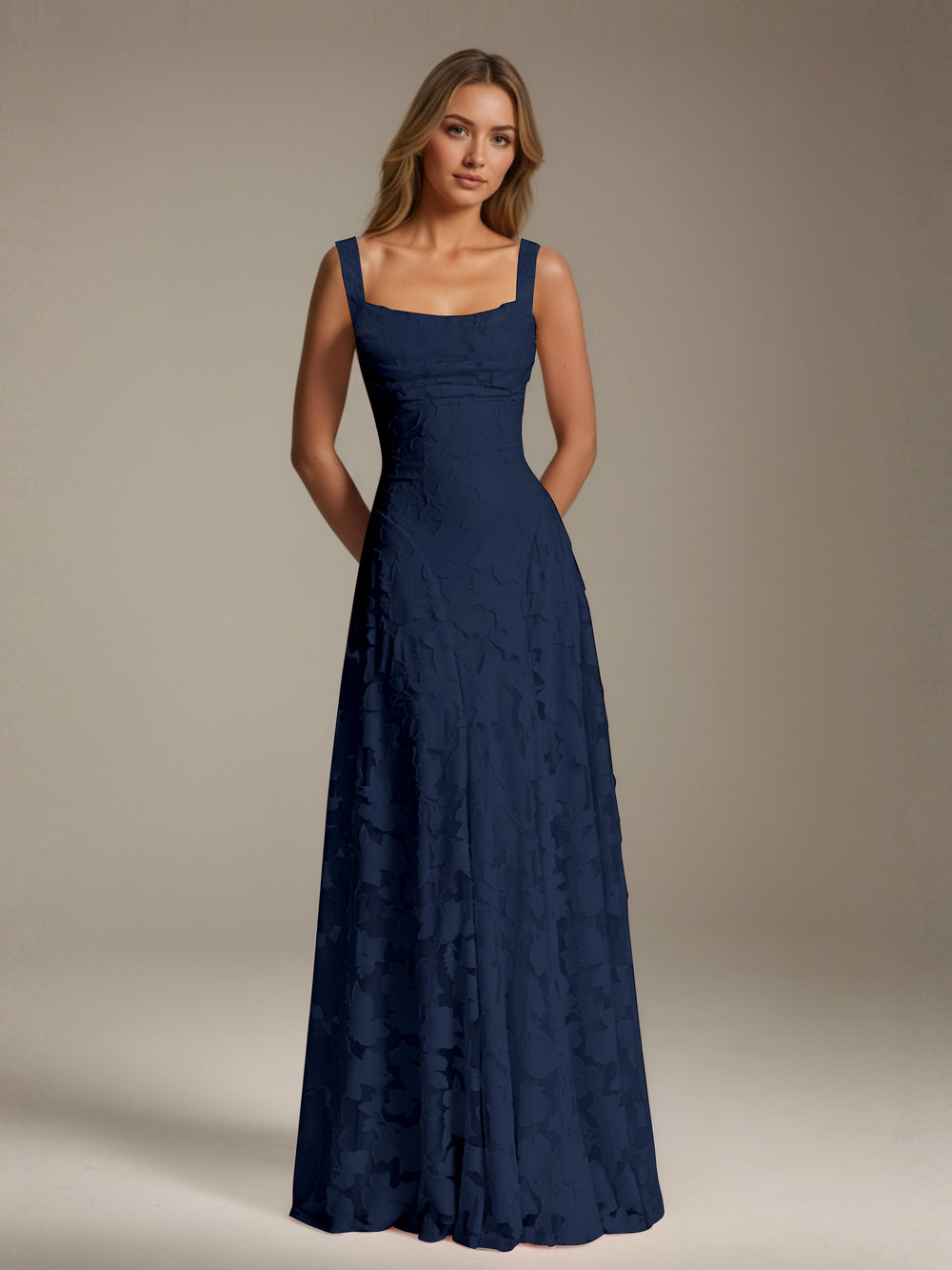 Robe de demoiselle d'honneur en dentelle florale – Robe de soirée longue sans manches, coupe trapèze, encolure carrée 1