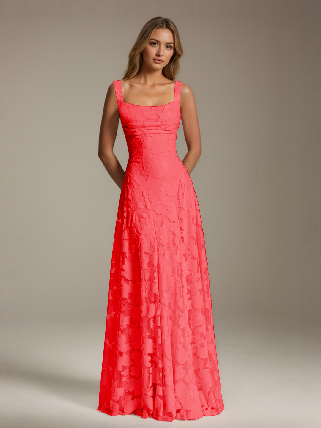 Robe de demoiselle d'honneur en dentelle florale – Robe de soirée longue sans manches, coupe trapèze, encolure carrée 13