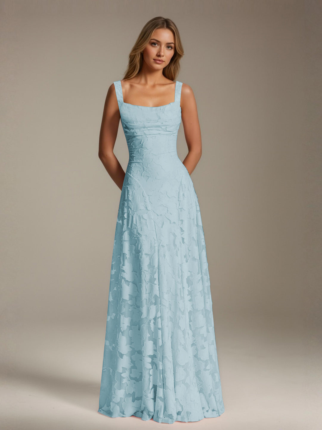 Robe de demoiselle d'honneur en dentelle florale – Robe de soirée longue sans manches, coupe trapèze, encolure carrée 2