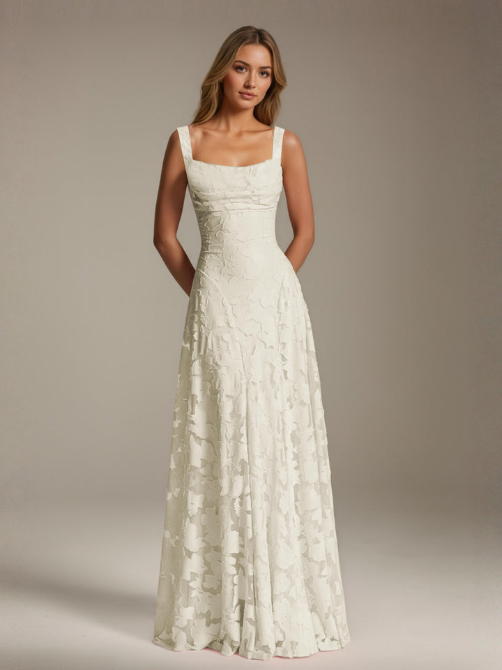 Robe de demoiselle d'honneur en dentelle florale – Robe de soirée longue sans manches, coupe trapèze, encolure carrée 5