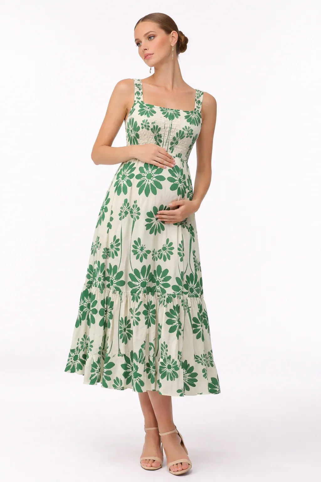 Robe de maternité pour femme - Robe midi sans manches blanche et verte à fleurs pour baby shower 0
