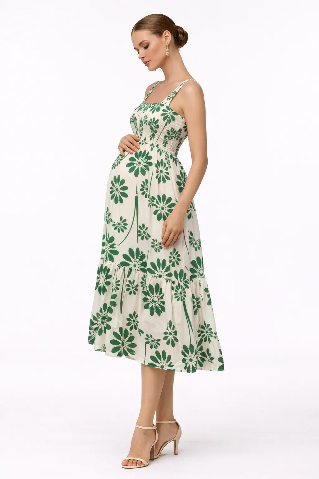 Robe de maternité pour femme - Robe midi sans manches blanche et verte à fleurs pour baby shower 2