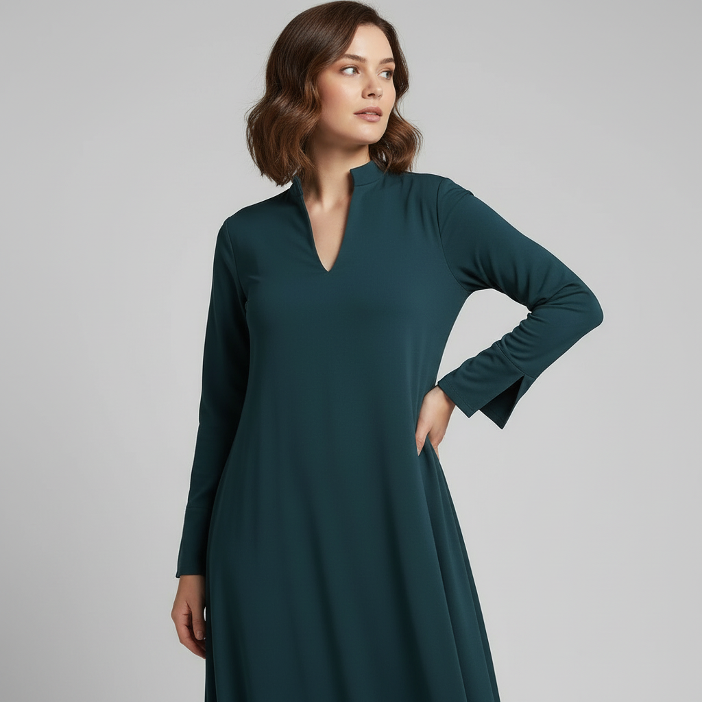 Robe longue femme coupe ample avec col en V et manches