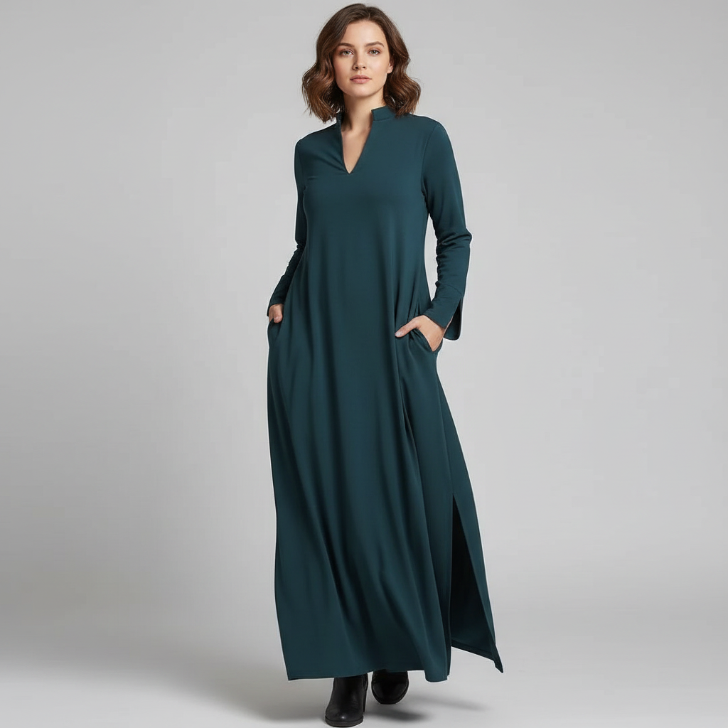 Robe longue femme coupe ample avec col en V et manches
