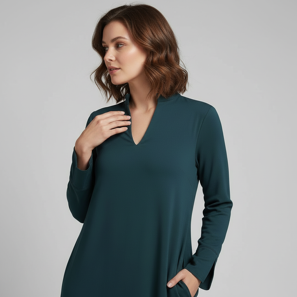 Robe longue femme coupe ample avec col en V et manches