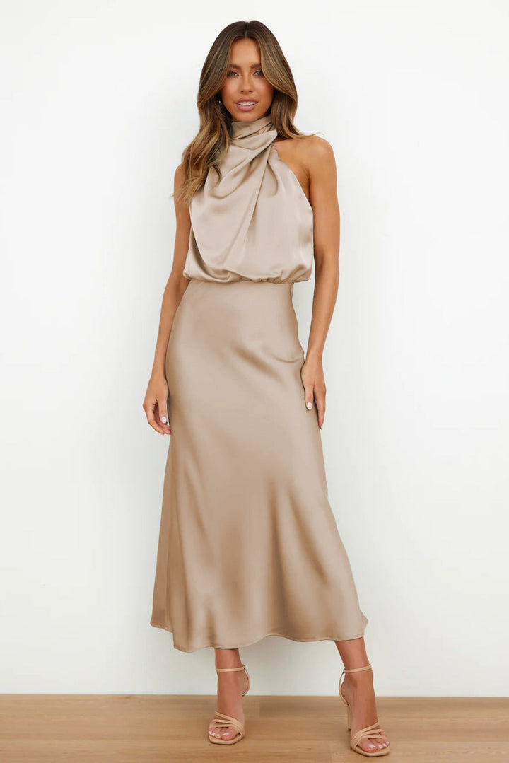 Robe femme | Longueur midi, sans manches, col halter, décolleté cascade 1