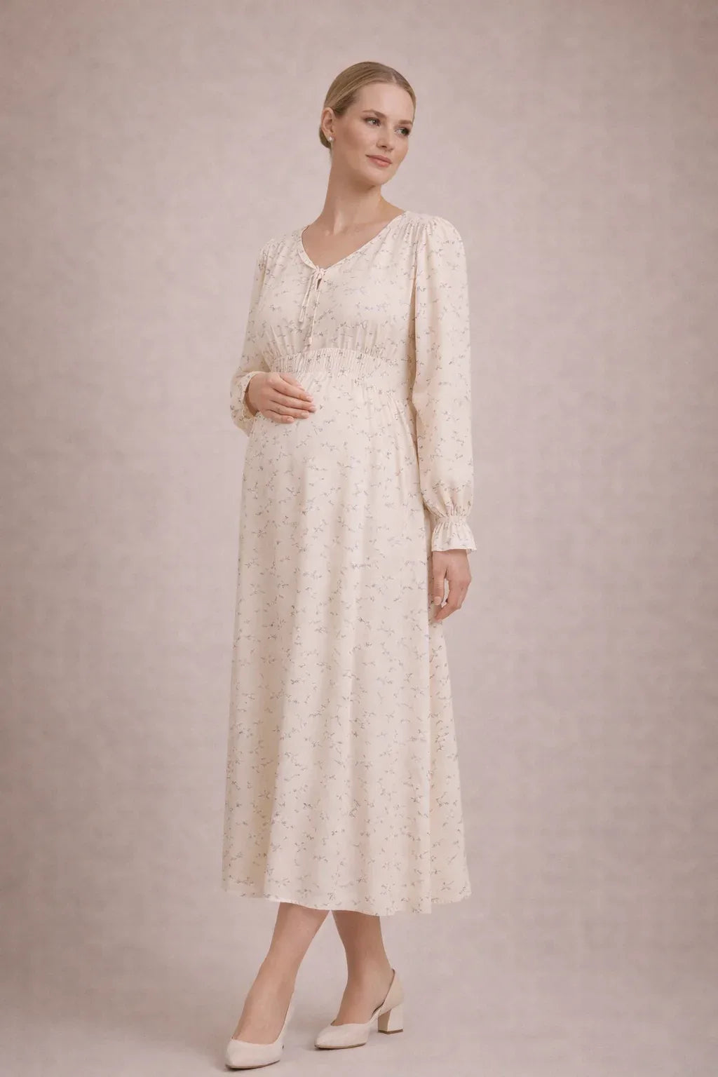 Robe longue de maternité – Robe de grossesse fleurie à manches longues, taille empire 0