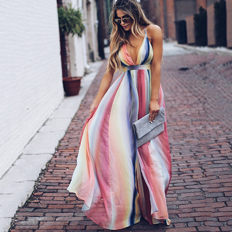 Robe longue évasée multicolore sans manches à décolleté plongeant en V pour femme 4