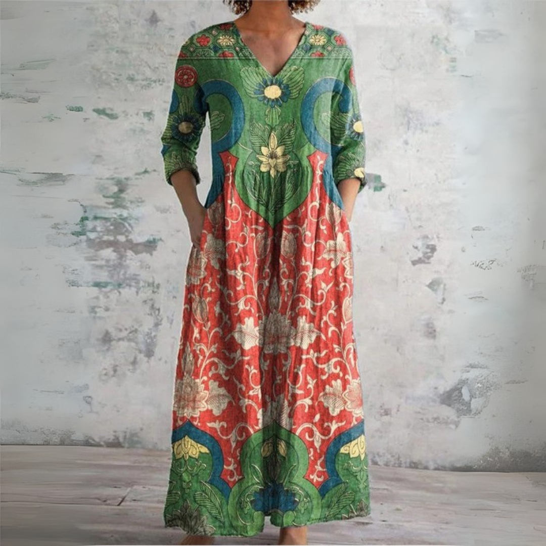 Robe longue pour femme | Col en V et motif ornemental 0