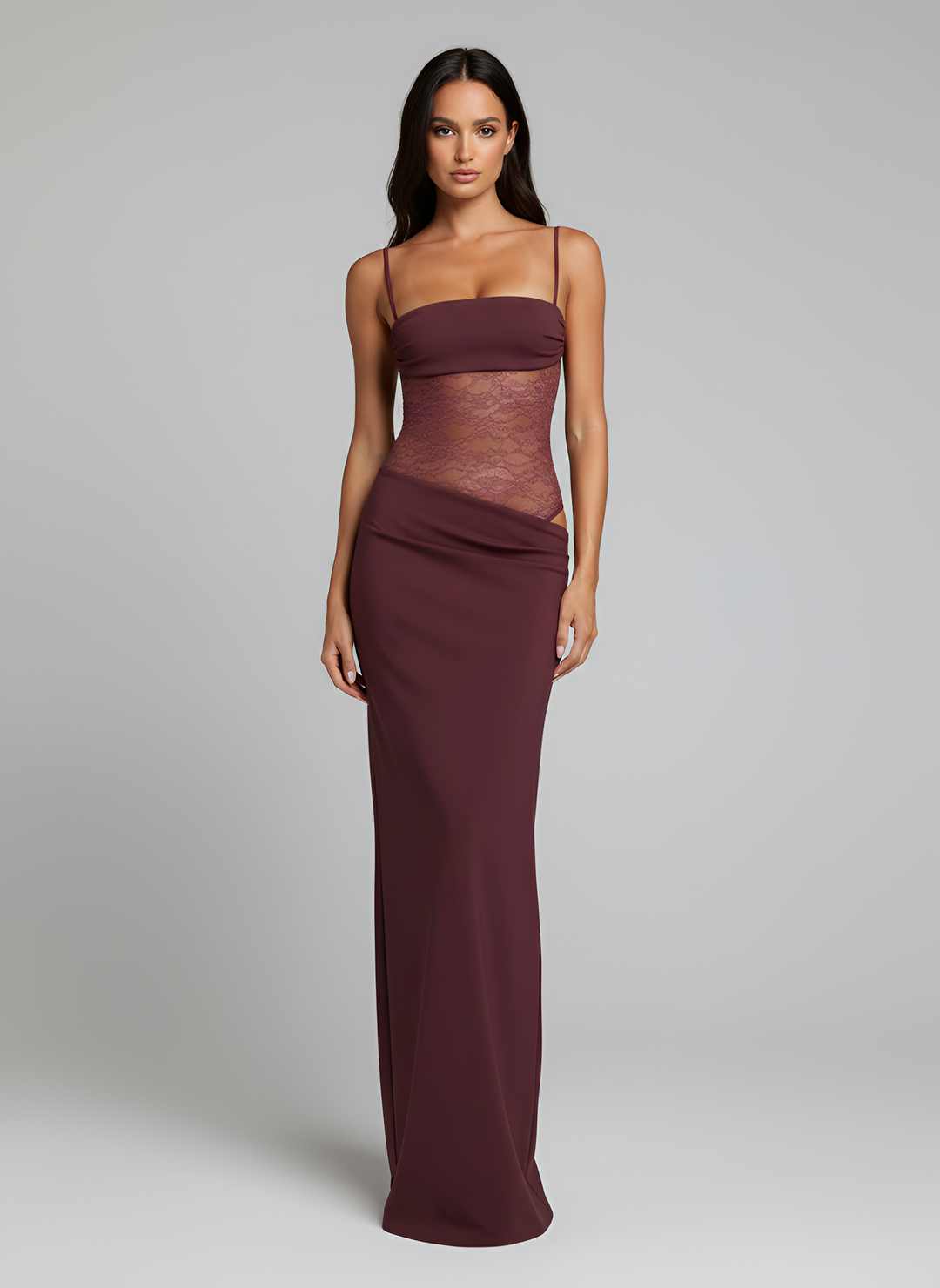 Robe longue pour femme avec corsage en dentelle et fines bretelles 4