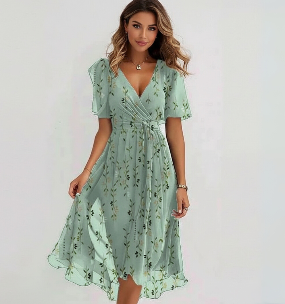 Robe midi à manches papillon fleuries pour femme – Style estival élégant 0