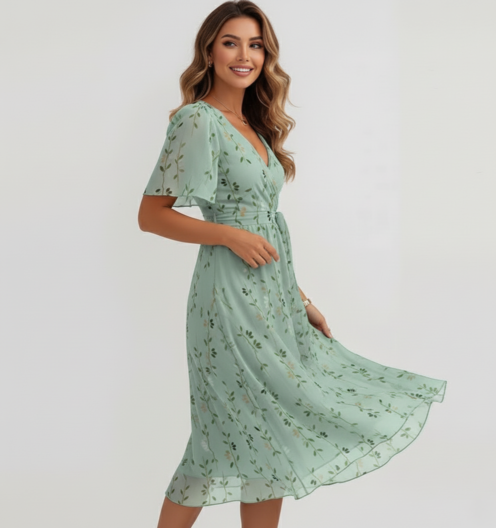 Robe midi à manches papillon fleuries pour femme – Style estival élégant 3