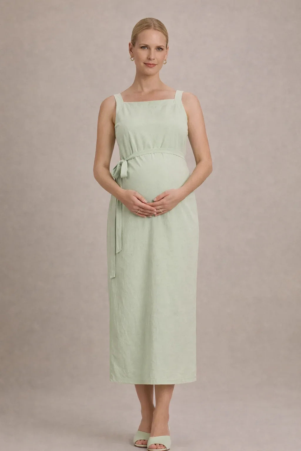 Robe midi de maternité – Robe de grossesse sans manches à taille empire et ceinture à nouer 0