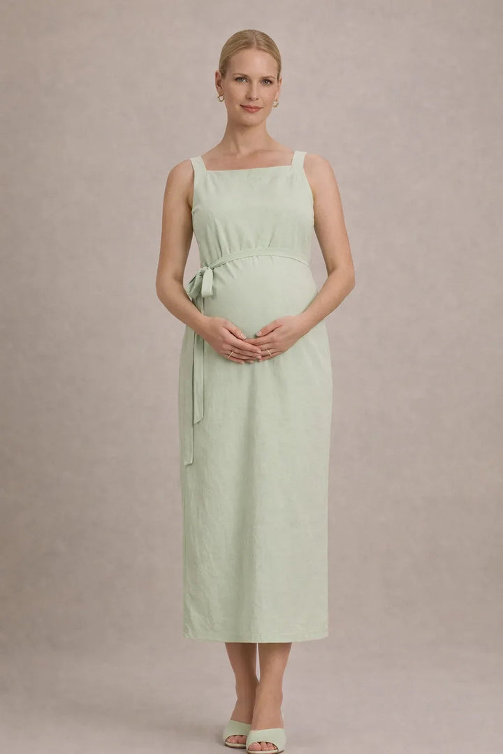 Robe midi de maternité – Robe de grossesse sans manches à taille empire et ceinture à nouer 0