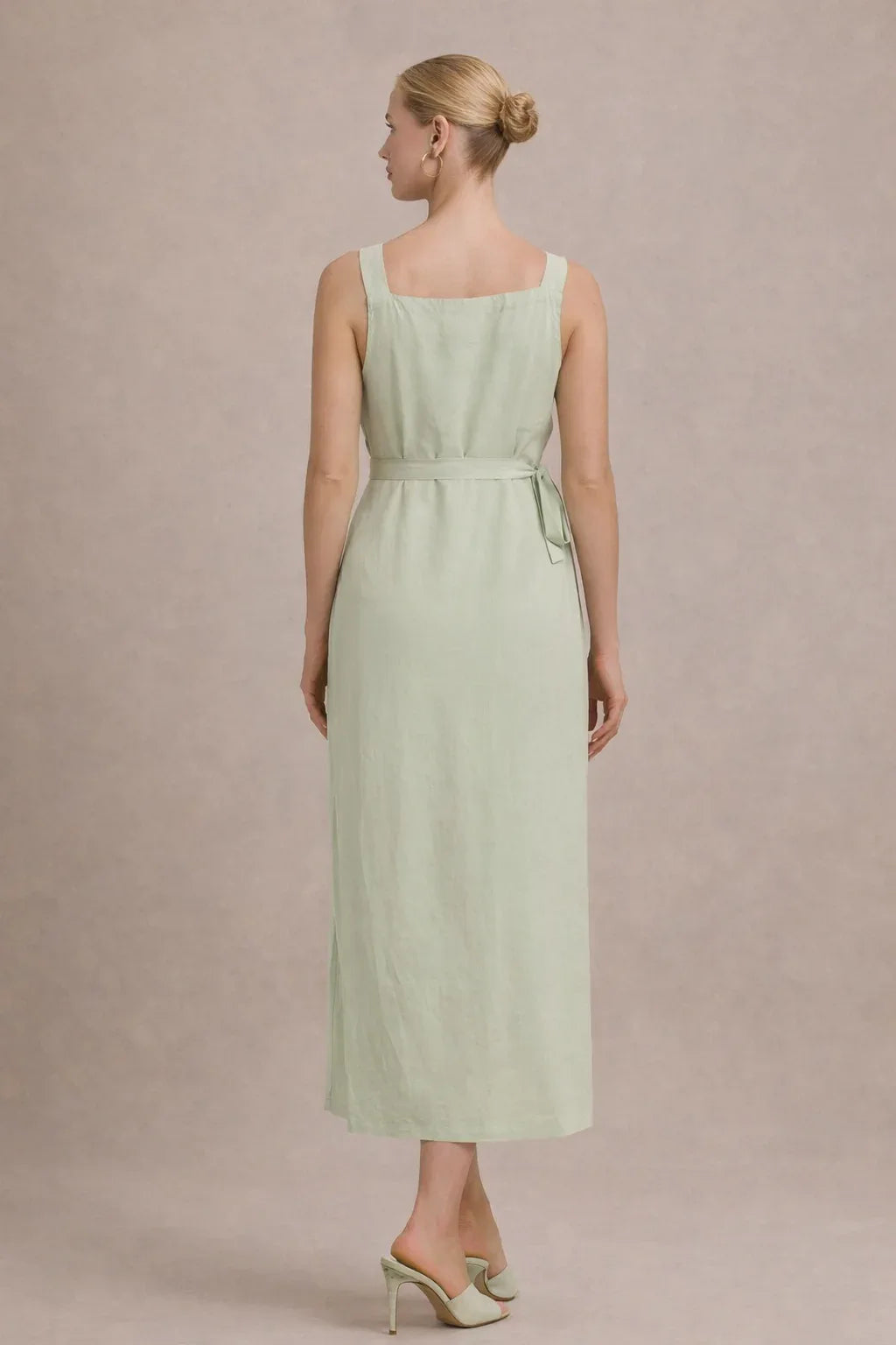 Robe midi de maternité – Robe de grossesse sans manches à taille empire et ceinture à nouer 1