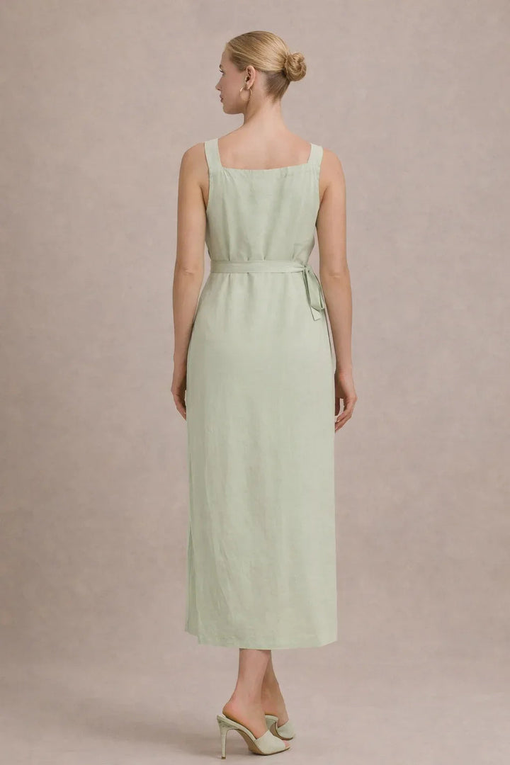Robe midi de maternité – Robe de grossesse sans manches à taille empire et ceinture à nouer 1
