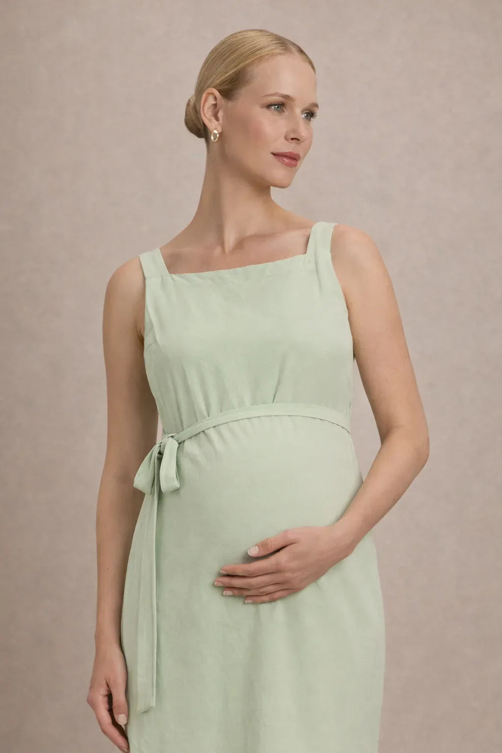 Robe midi de maternité – Robe de grossesse sans manches à taille empire et ceinture à nouer 2