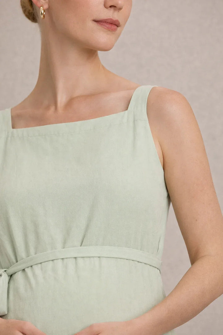 Robe midi de maternité – Robe de grossesse sans manches à taille empire et ceinture à nouer 3