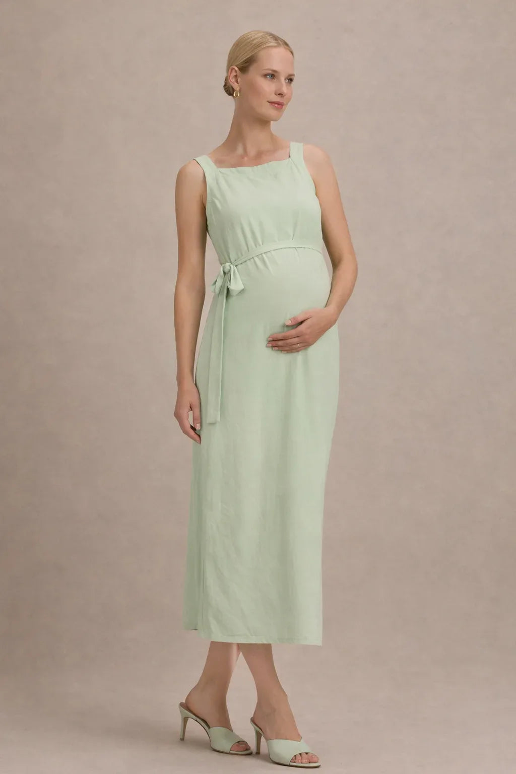 Robe midi de maternité – Robe de grossesse sans manches à taille empire et ceinture à nouer 4
