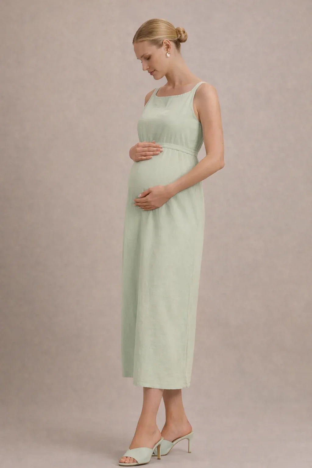 Robe midi de maternité – Robe de grossesse sans manches à taille empire et ceinture à nouer 5
