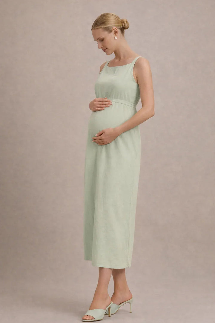 Robe midi de maternité – Robe de grossesse sans manches à taille empire et ceinture à nouer 5